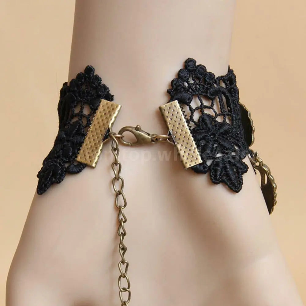 Gothic/BURLESQUE/STEAMPUNK Jewelry Black Cameo Lace Flower Bracelet Chain Ring Unbranded/Generic