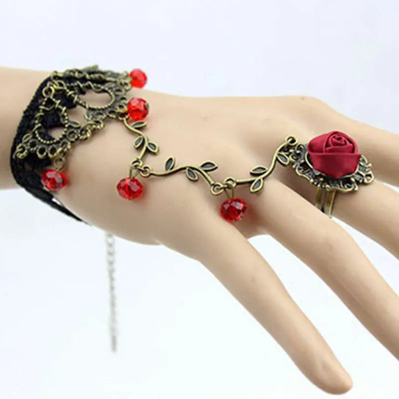 Gothic/Lolita RED HAND-JEWELLERY Black Lace Flower Bracelet Slave Chain Ring Unbranded