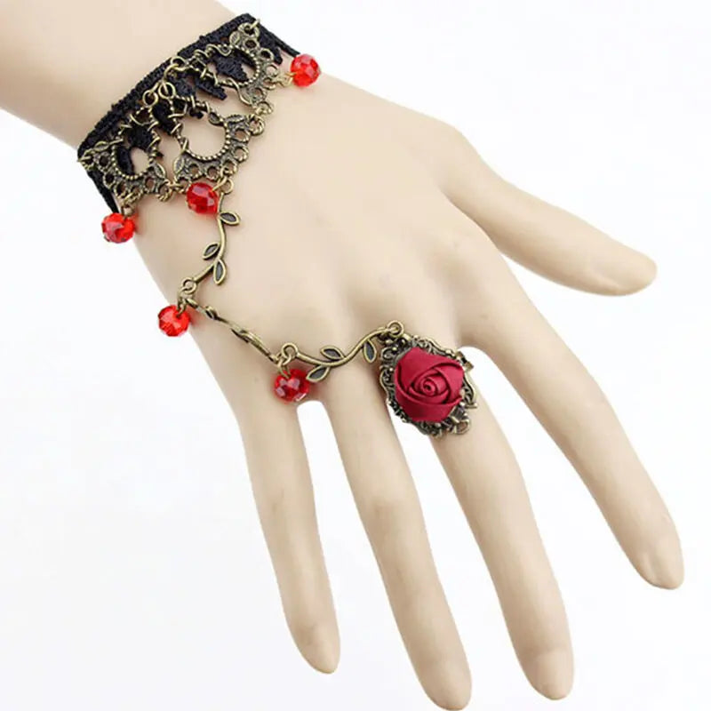 Gothic/Lolita RED HAND-JEWELLERY Black Lace Flower Bracelet Slave Chain Ring Unbranded