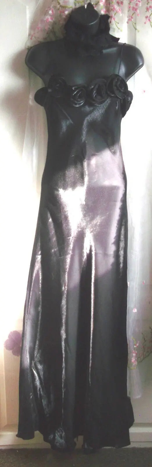 Gothic black satin full length ball gown with satin roses on bodice. Size 8 /10 Lautinel Paris