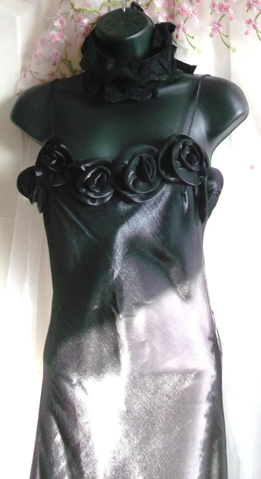 Gothic black satin full length ball gown with satin roses on bodice. Size 8 /10 Lautinel Paris