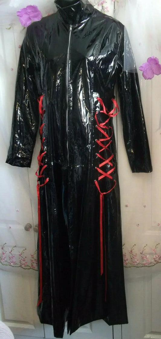 Gothic/punk/stagewear.Pvc Black&Red Laced corsettry-side&back.Long Coat size 12. Unbranded
