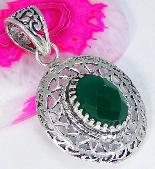 Green Onyx & 925 Silver Handmade Stylish Pendant 42mm & GiftBbox &1mmSilverChain "Handmade"