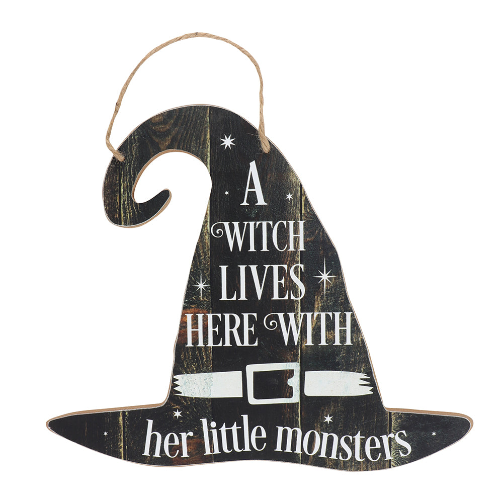 A Witch Lives Here Hanging MDF Sign Wonkey Donkey Bazaar