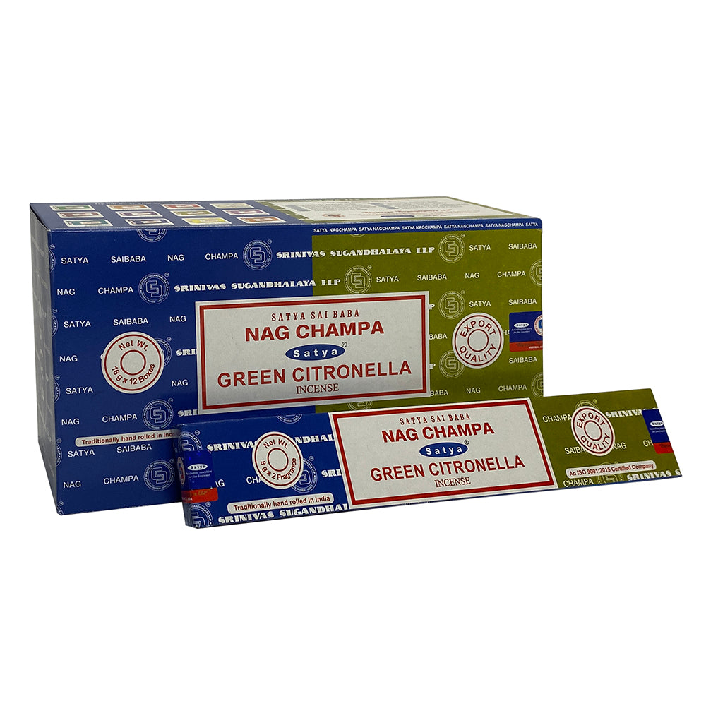 Set of 12 Packets of Combo Satya Incense - Nag Champa Green Citronella Wonkey Donkey Bazaar