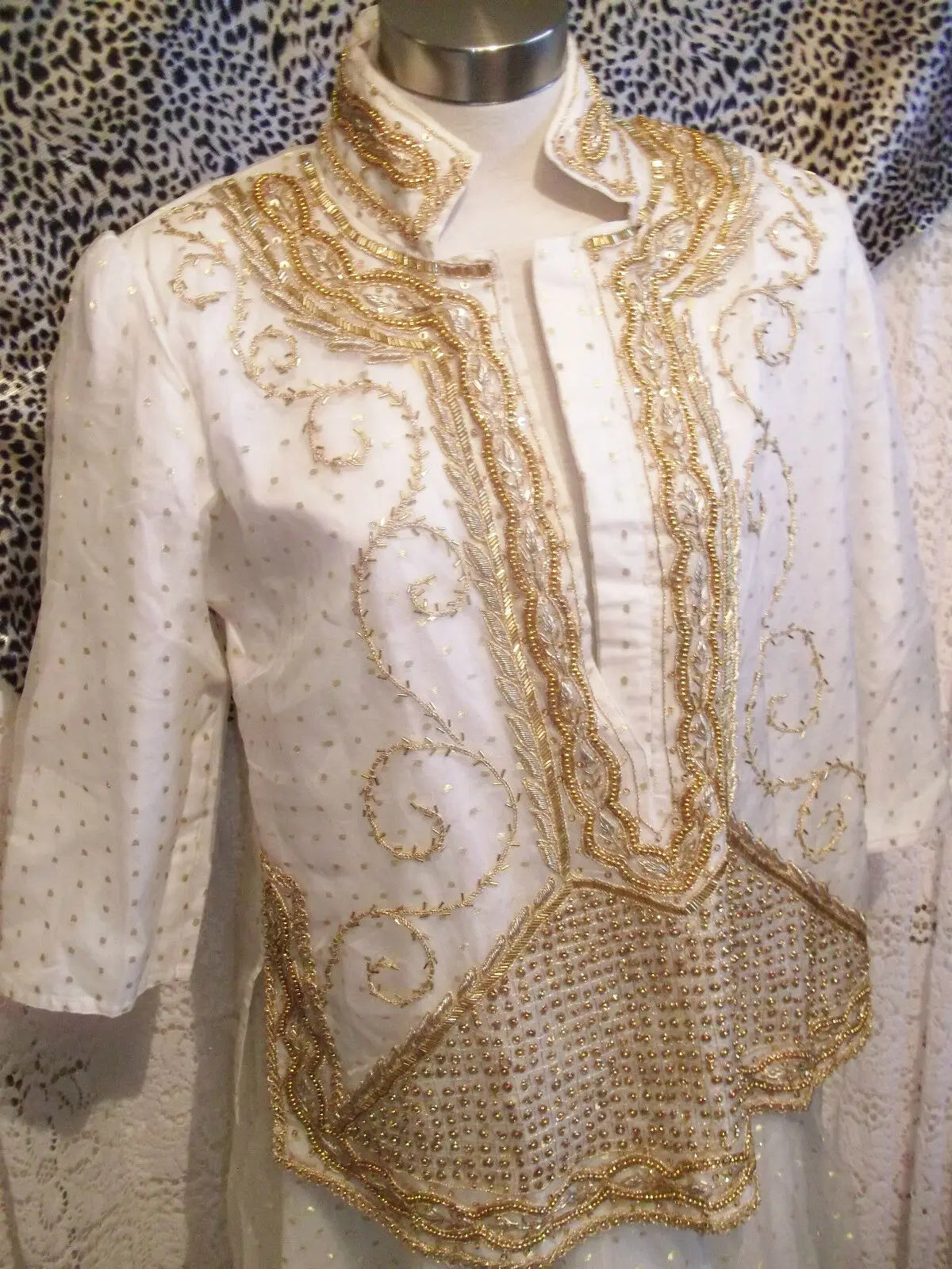 Indian wedding/ceremonial cream& gold polka dot shirt&skirt-gold beadwork detail Wonkey Donkey Bazaar