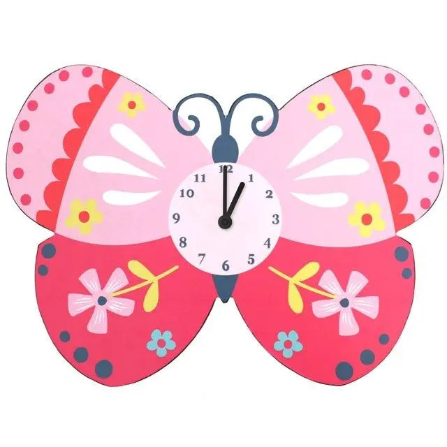 KIDS Cartoon butterfly clock in pink with flower design  H:27cm W:37cm D:4CM Unbranded