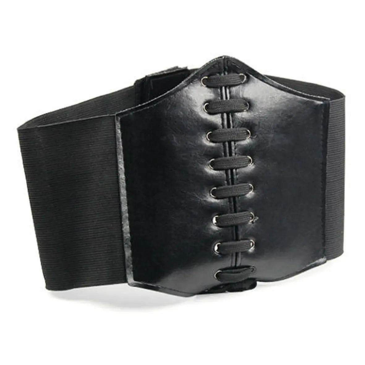 LEATHER-look WAIST CLINCHER BELT WIDE BAND ELASTIC TIED WASPIE CORSET BLACK UK Unbranded