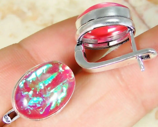 Lab Fire Opal & 925 Silver Handmade Lovely Earrings 13mm & gift-box "Handmade"