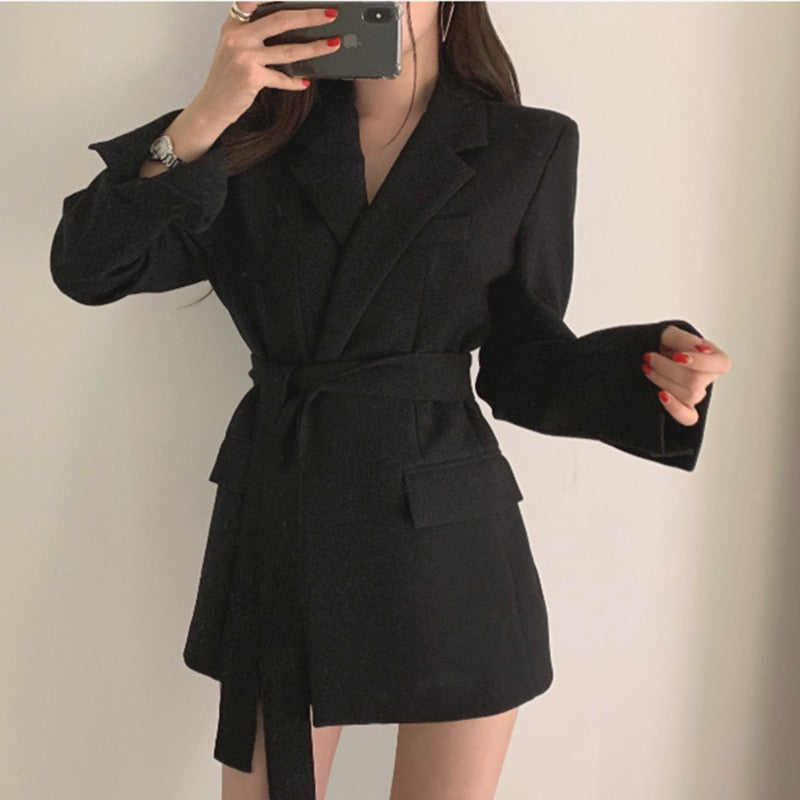 Lace up Belted Lapel Blazers Women Spring Autumn Slim fit Blazer Free Belt Cardigan Style 2021 Woman Black Office Work Suits New|Blazers| FashionExpress