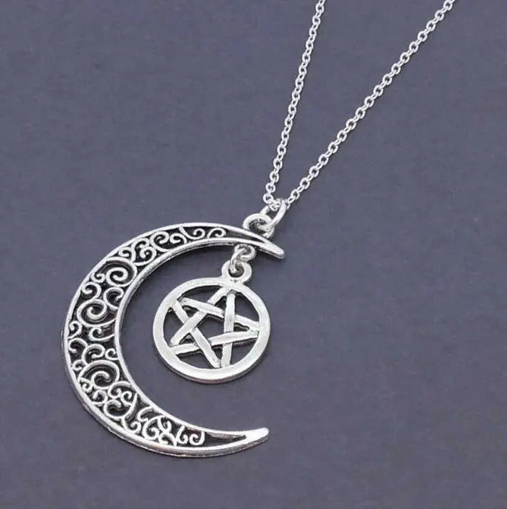 Large Silver Crescent Moon& Pentagram Necklace Star Jewellery Pentacle Pendant Unbranded