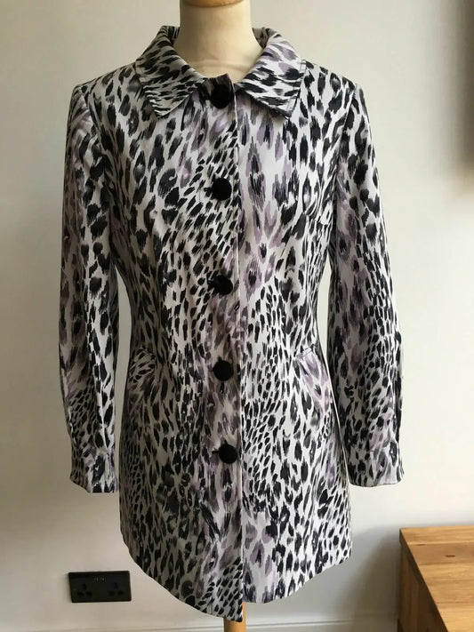 M&S Per Una Black/lilac Leopard Print Cotton Mix Lined Coat in size 10 Rrp£65 Per Una