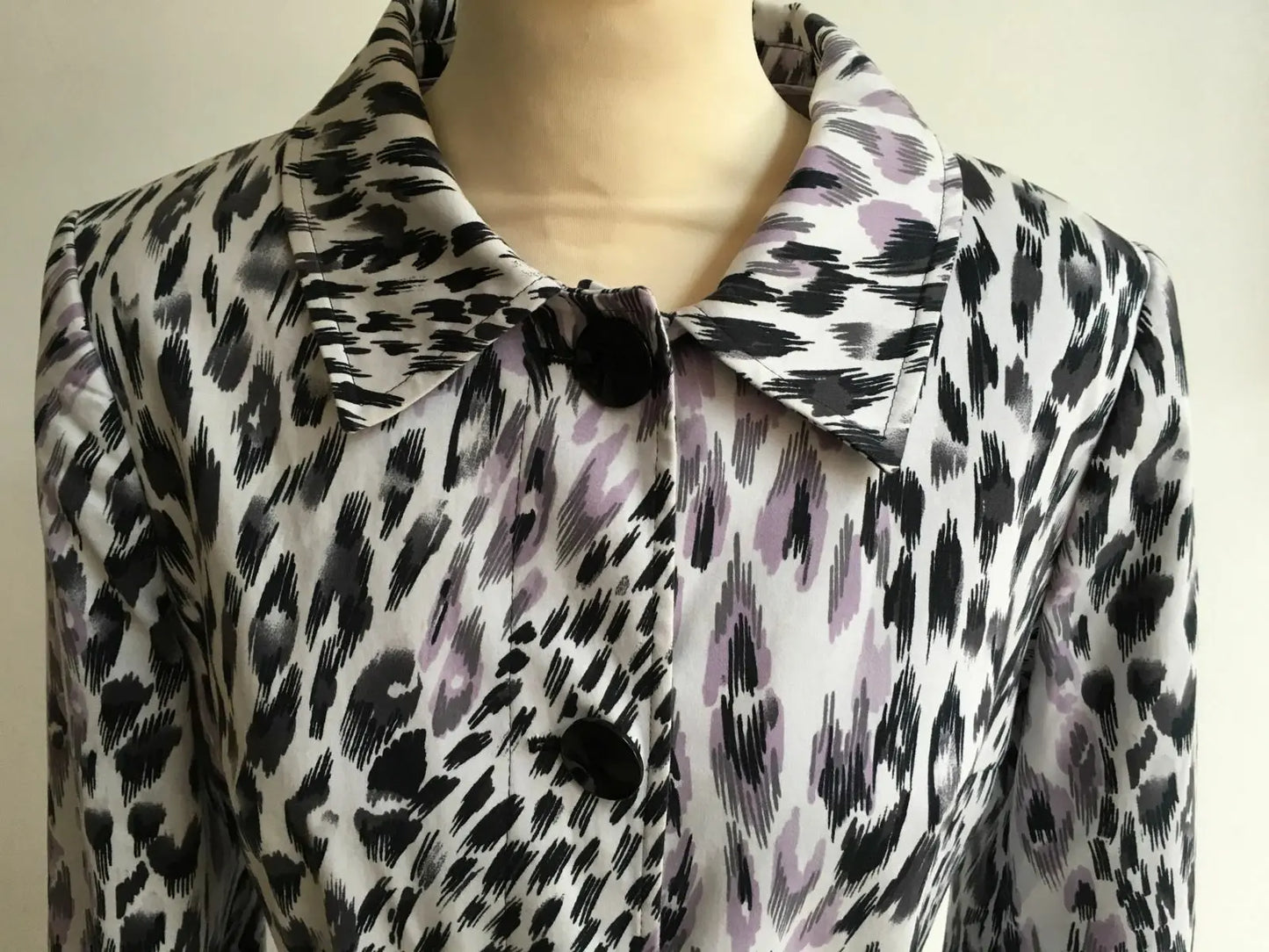 M&S Per Una Black/lilac Leopard Print Cotton Mix Lined Coat in size 10 Rrp£65 Per Una