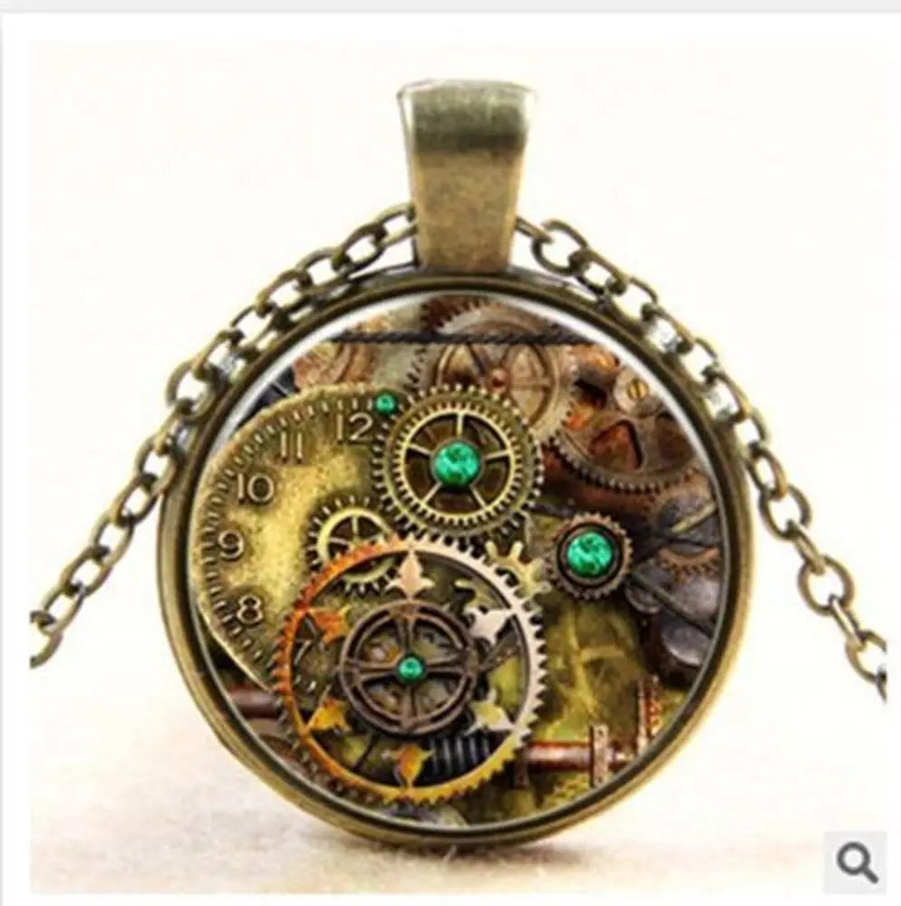 MetalPunk Steampunk Gears Clock Watch-Face Glass Art Pendant Chain Necklace Unbranded