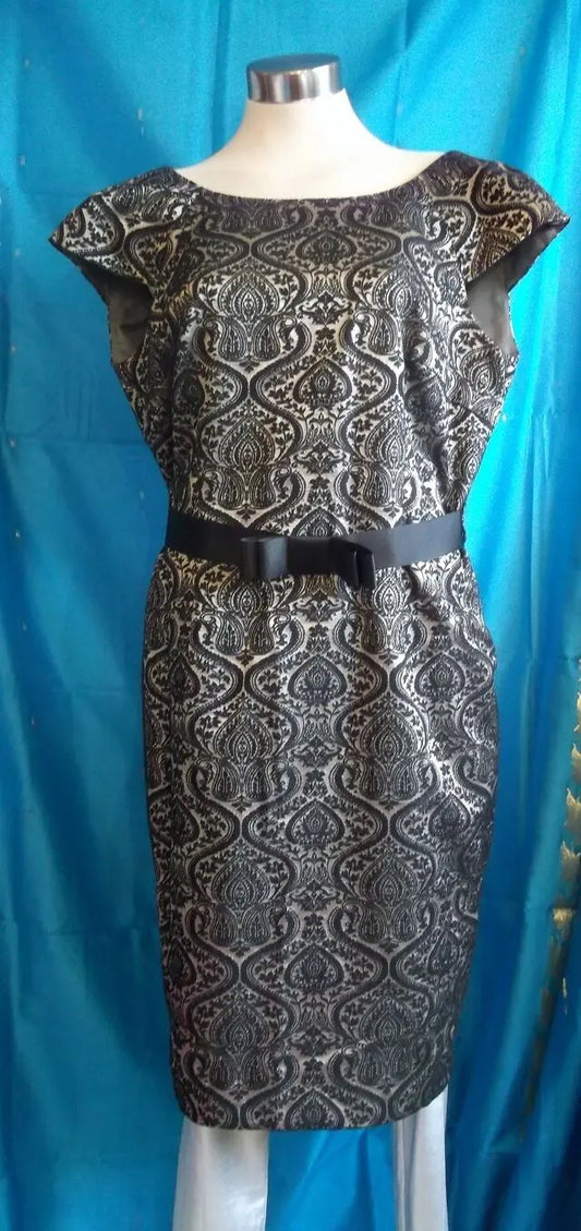 Next size14, exquisite gold&black dress, lined,waist ribbon tie,mid calf, next