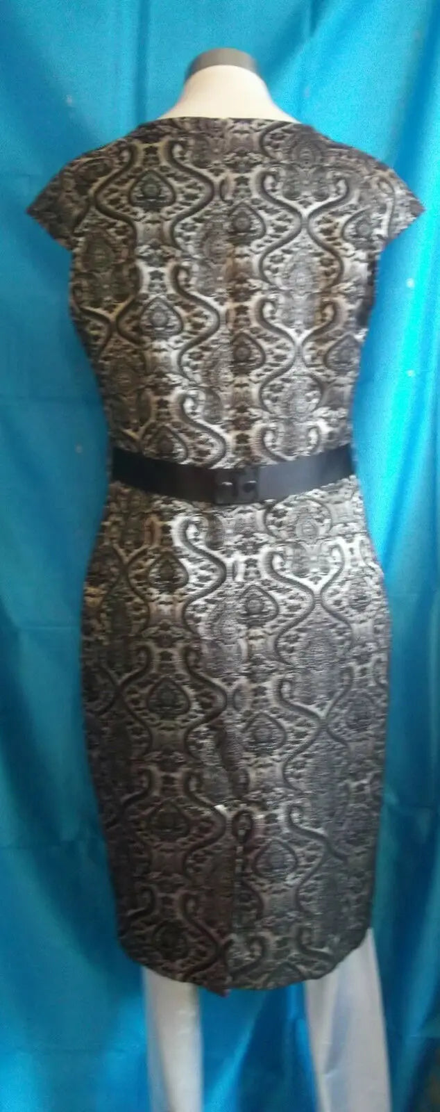 Next size14, exquisite gold&black dress, lined,waist ribbon tie,mid calf, next