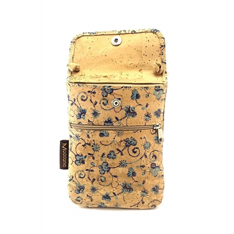 Cork Phone Bag Phone Pouch & Cell Phone Case with light Blue floral Pattern, Small Bag made from Cork Moddanio