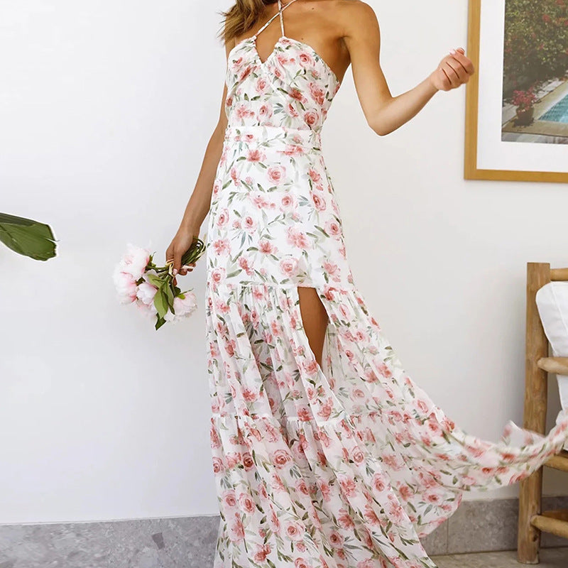 Floral strap long skirt with open back stitching and split dress FashionExpress