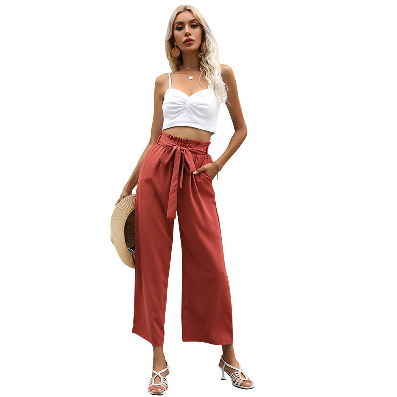 summer new fashion High Waist Wide Leg Pants loose solid color nine point leisure bell bottoms women FashionExpress