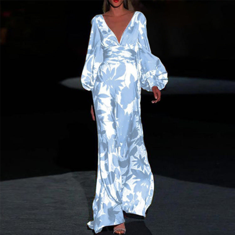High waist commuter dress printed Lantern Sleeve V-neck dress FashionExpress