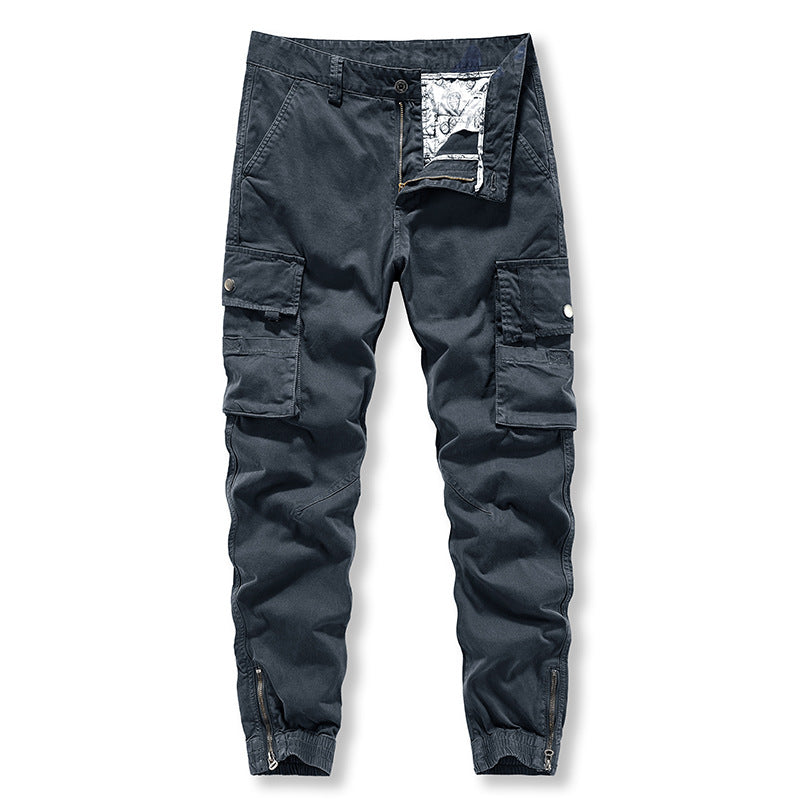 Washed solid color overalls, men's fashion, versatile, zipper pants, Multi Pocket sports and leisure pants FashionExpress