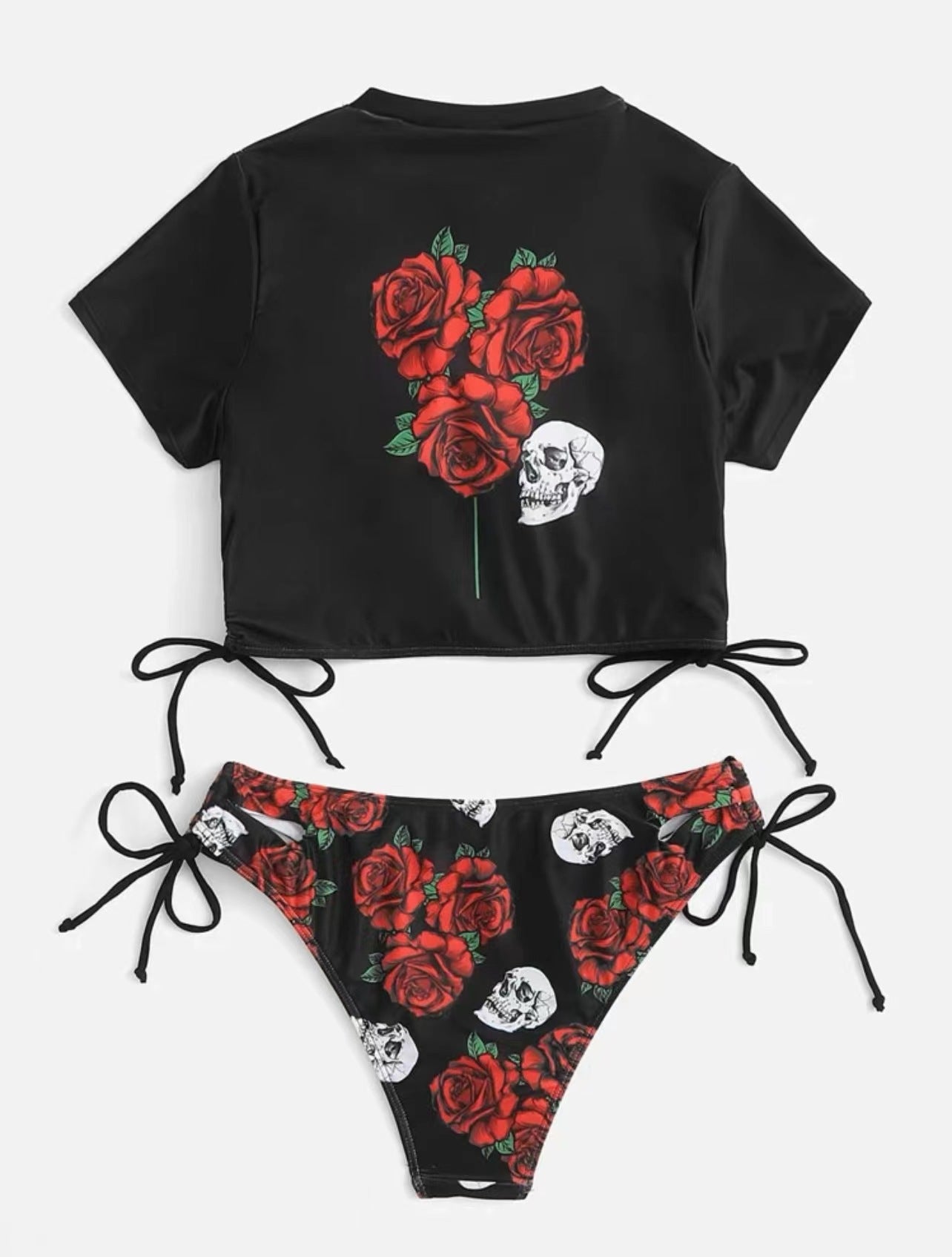 Skull Rose Print Drawstring Split Bikini Swimsuit # Halloween FashionExpress