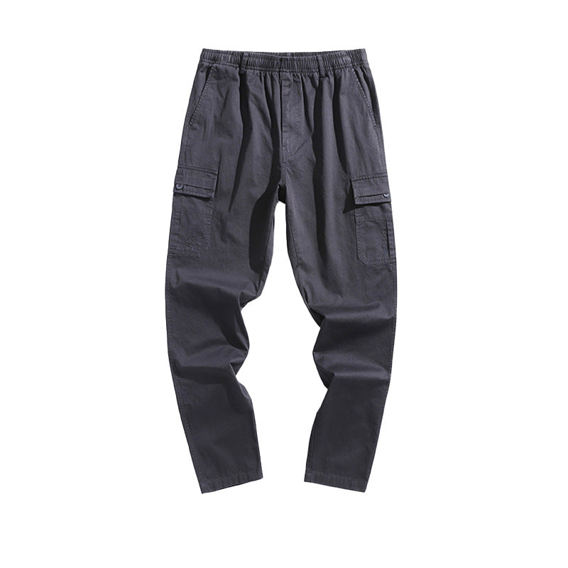 Multi Pocket overalls pants men's new Korean version pure color thin drawstring elastic waist casual pants FashionExpress