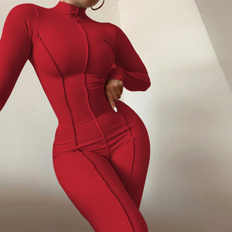 2022 Autumn Winter New Fashion High Neck Tight High Waist Casual Solid Color Sports Bodysuit Women FashionExpress