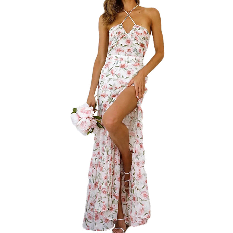 Floral strap long skirt with open back stitching and split dress FashionExpress