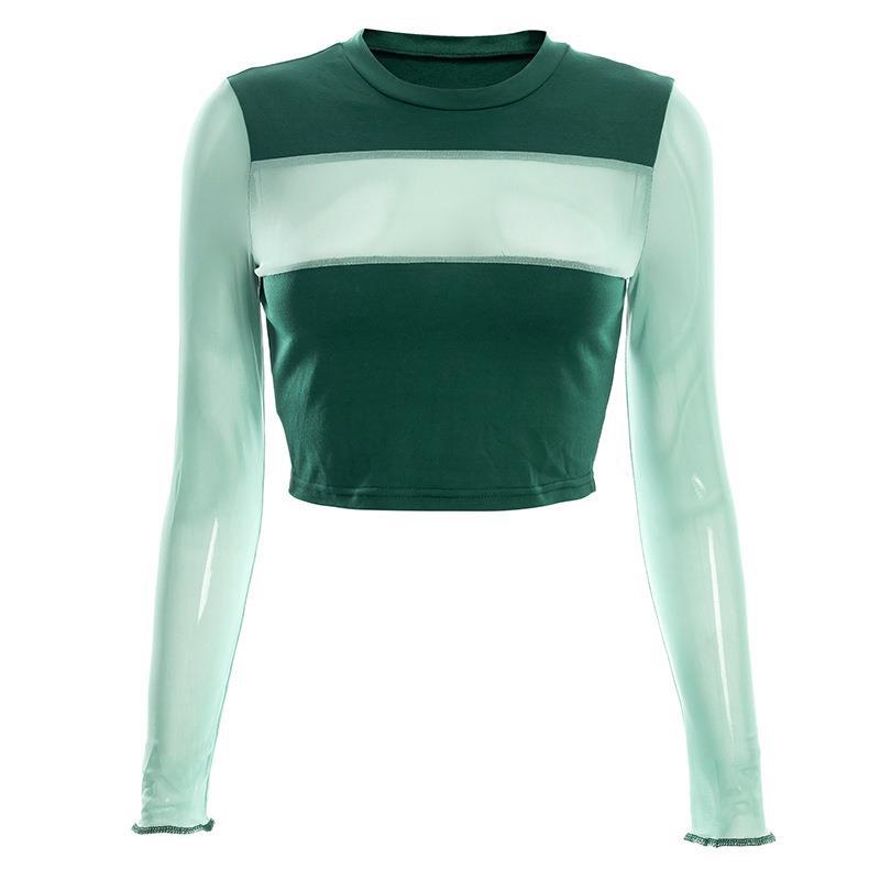 Color Contrast Round Neck Long Sleeve Crop Top FashionExpress