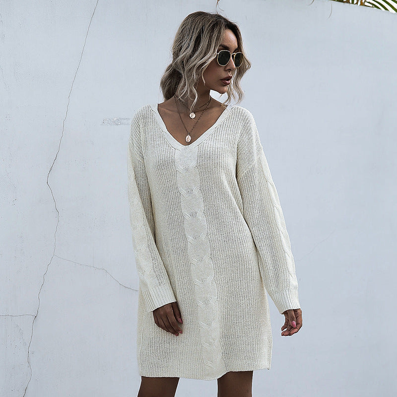 Pullover V-neck Long Sleeve Knitted Dress FashionExpress