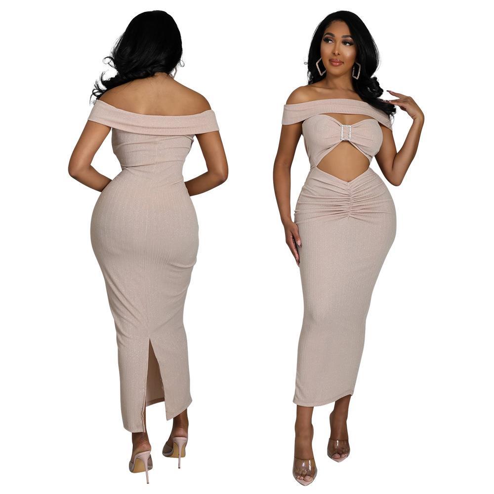 fashion sexy one line shoulder wrapped chest hollowed out back split solid color dress FashionExpress