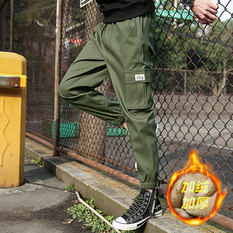Solid color washed cotton pockets cargo warm pants FashionExpress