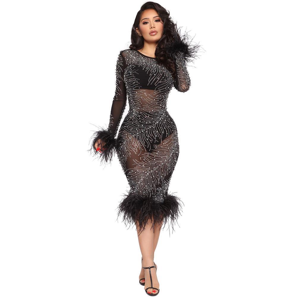 Casual Feather Long Sleeve Dress FashionExpress