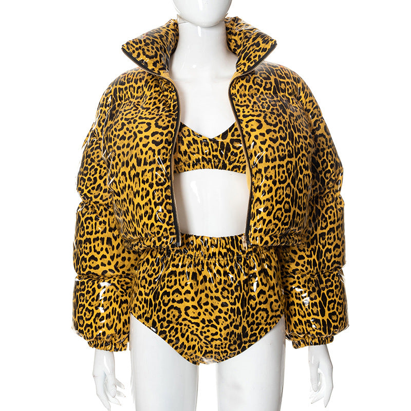 Lady's stand collar cardigan leopard warm casual cotton paded jacket FashionExpress