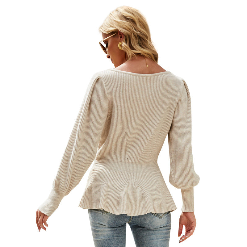 Lantern Sleeve Knitted Pullover Sweater FashionExpress