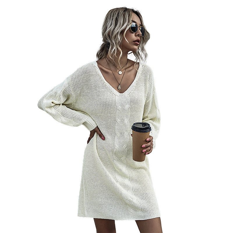Pullover V-neck Long Sleeve Knitted Dress FashionExpress