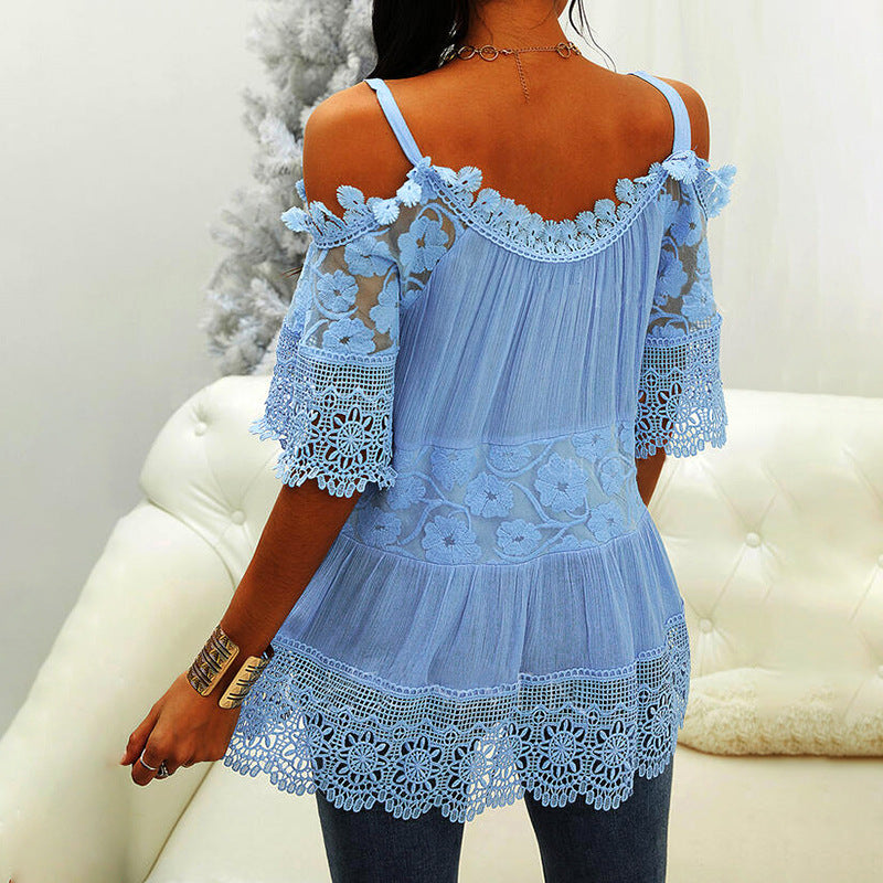 Solid lace panel sexy off shoulder dress FashionExpress