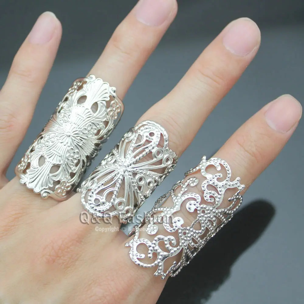 Ornate Set of 3 Silver Cross Filigree Lace Flower Cut Out Aztec Stack Band Ring kayleeqin