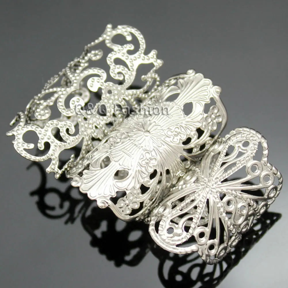 Ornate Set of 3 Silver Cross Filigree Lace Flower Cut Out Aztec Stack Band Ring kayleeqin