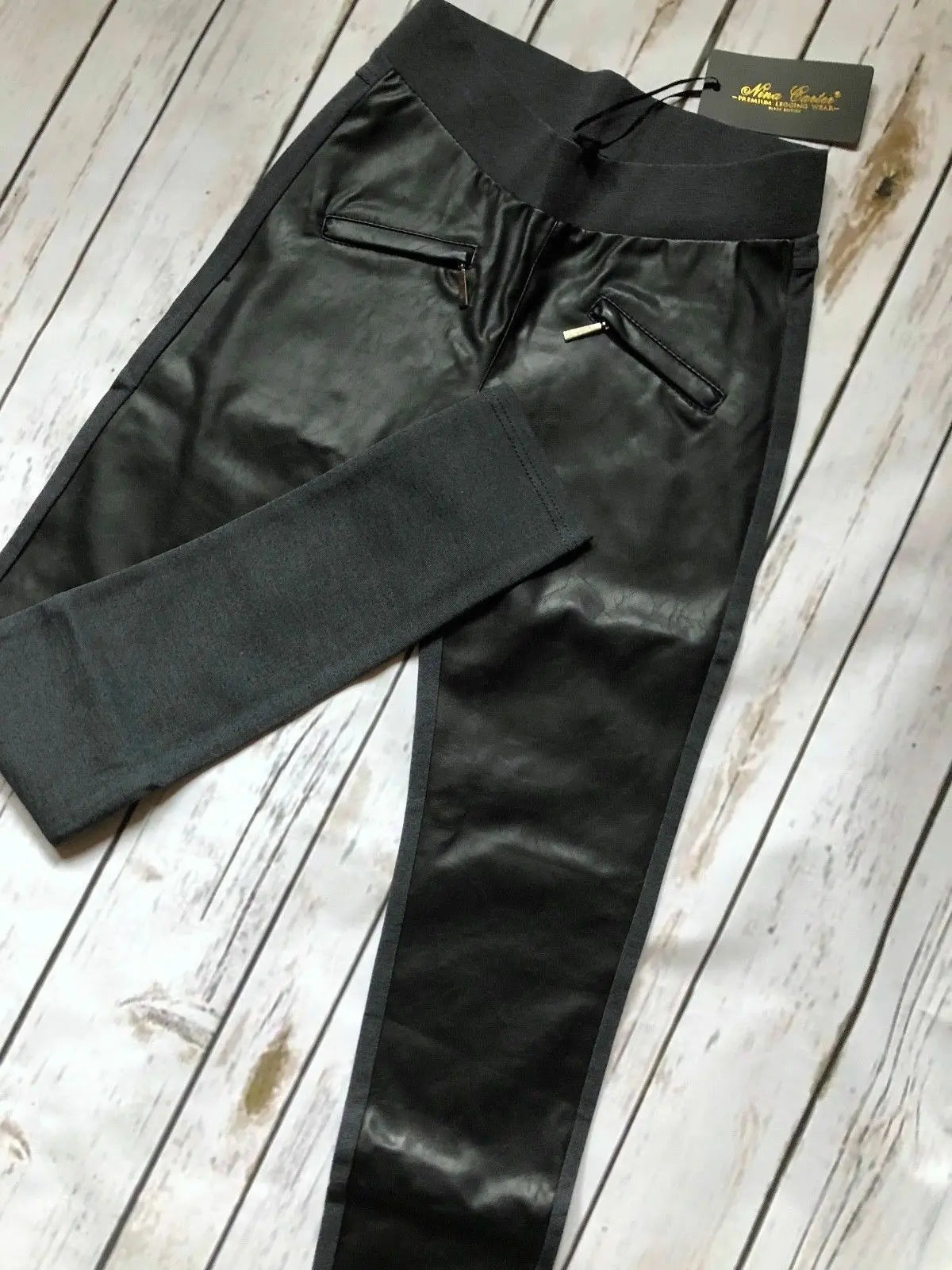 PUNK/ROCK/ STRETCH Ladies Leather-LOOK Front Quality Trousers/Leggings SIZE 8-14 Nina Carter