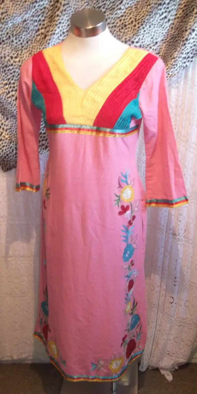 Pink Vintage Indian Tunic top.calf length,side splits, embroidered ruffle detail Wonkey Donkey Bazaar