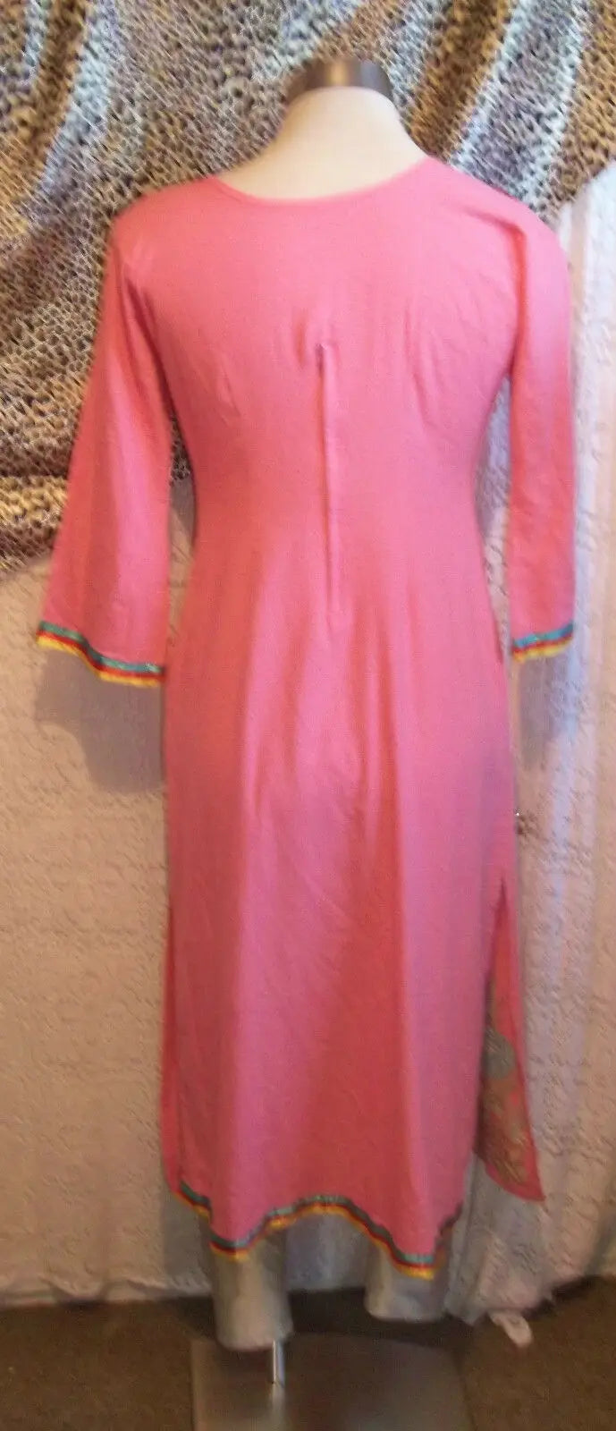 Pink Vintage Indian Tunic top.calf length,side splits, embroidered ruffle detail Wonkey Donkey Bazaar