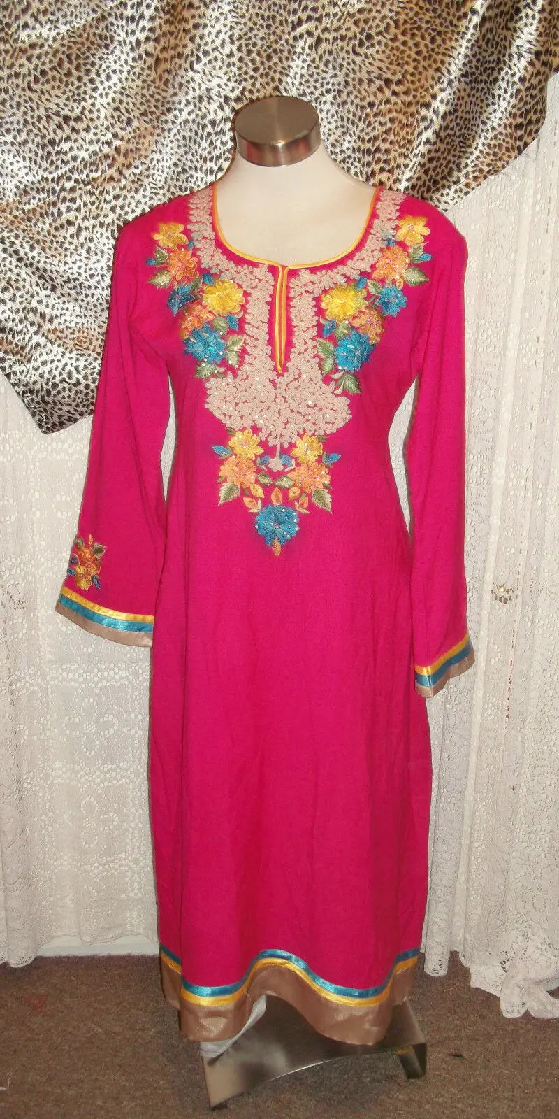 Pink Vintage Indian Tunic top.calf length,side splits,embroidered yellow detail Wonkey Donkey Bazaar