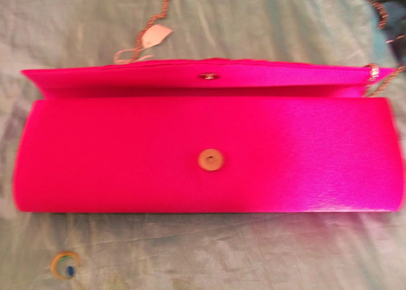 Pink satin clutch bag with chain strap & diamante detail. large. party accessory Unbranded
