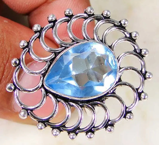 Quartz Blue Topaz & 925 Silver Handmade Stylish Ring Size L & gift-box "Handmade"