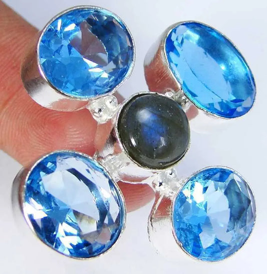Quartz Blue Topaz & 925 Silver Handmade Stylish Ring Size N & gift-box "Handmade"