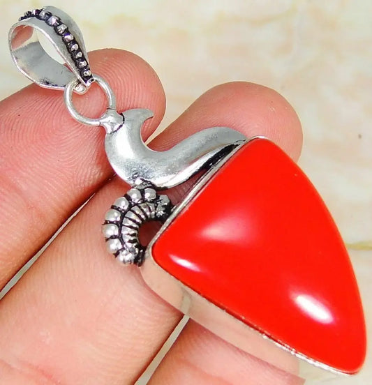Red Coral & 925 Silver Handmade Stylish Pendant 55mm & gift-box &s silver chain "Handmade"