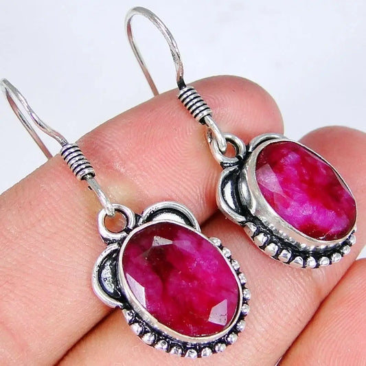 Ruby & 925 Silver Handmade Stylish Earrings 37mm & gift-box "Handmade"