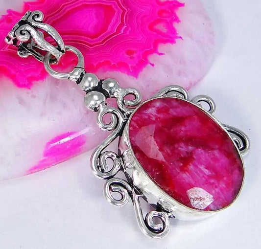 Ruby & 925 Silver HandmadeLovelyPendant 46mm G78-33502 & 92.5%SilverChain & box "Handmade"